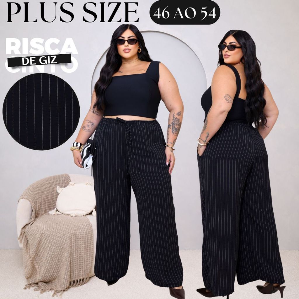 Calça Feminina Plus Size Pantalona Risca de Giz Elástico na Cintura Confortável Tecido Duna 46 a 54