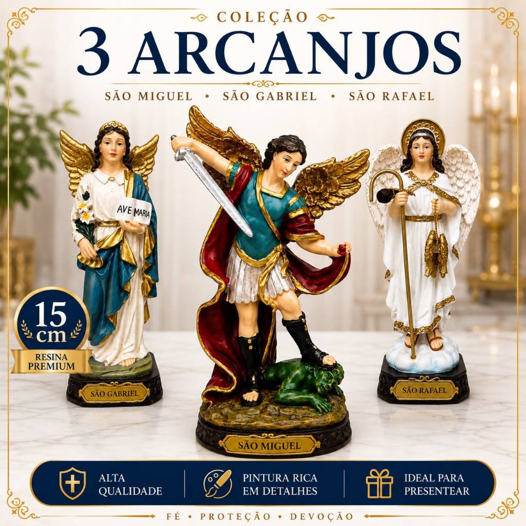 Kit Trio Arcanjo São Miguel São Rafael São Gabriel 15cm Em Resina Importada Decoração Religiosa