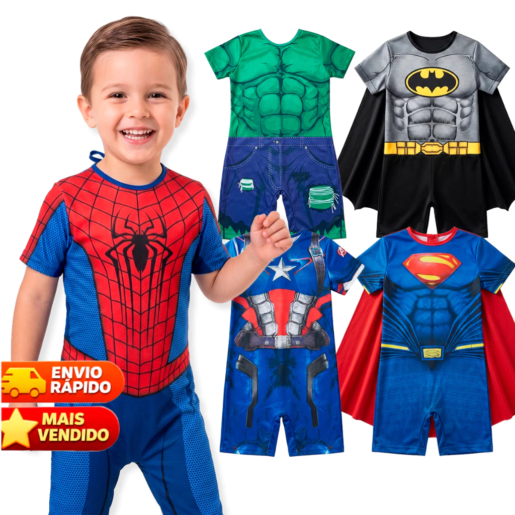 Fantasia Menino Super-Heróis Hulk Aranha América Ferro 1 a 8 Anos Envio Imediato — imagem 1