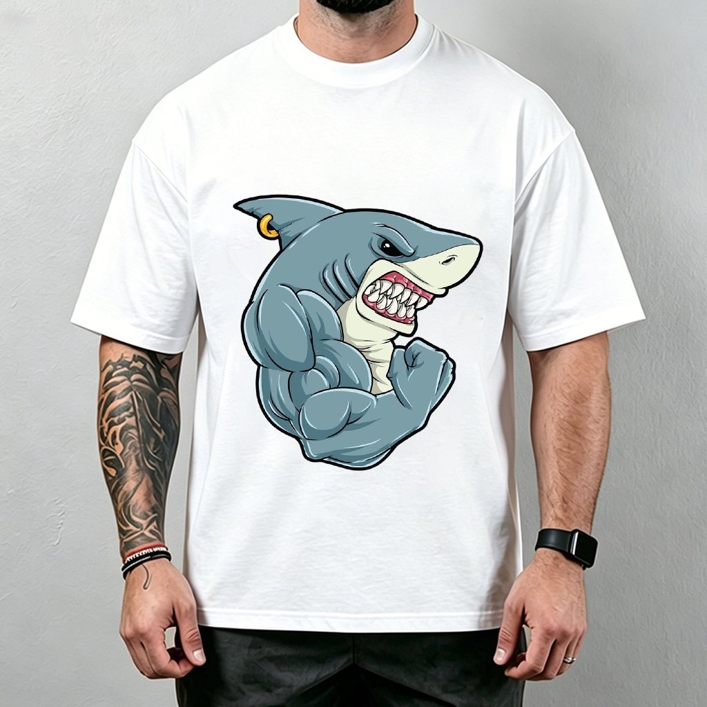 Camiseta Oversized Masculina Tubarão Forte Academia Streetwear, Camiseta Algodão Tamanhos Grandes até G3 Casual