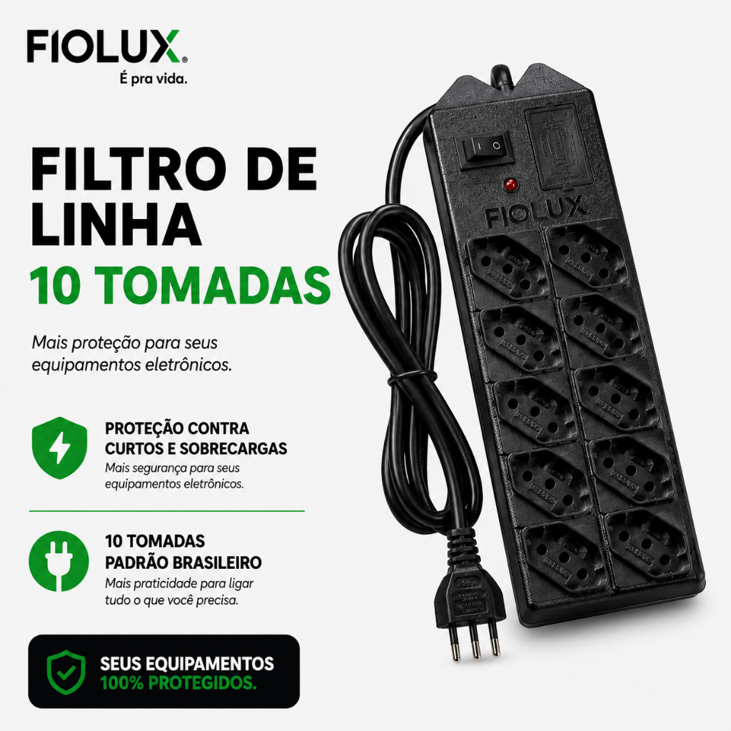 Extensão Elétrica 10 Tomadas Filtro de Linha Regua de Tomada Fiolux Extensão de Tomada Grande 1,5m
