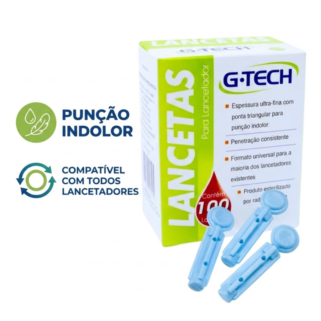 Lanceta G-Tech 28G 100un Ultrafina Punção Indolor Glicemia Universal Compatível Todos Lancetadores