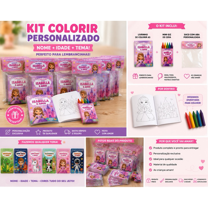 Kit Colorir Personalizado Lembrancinha Infantil | Livrinho para Colorir + Giz de Cera Tema Personalizado