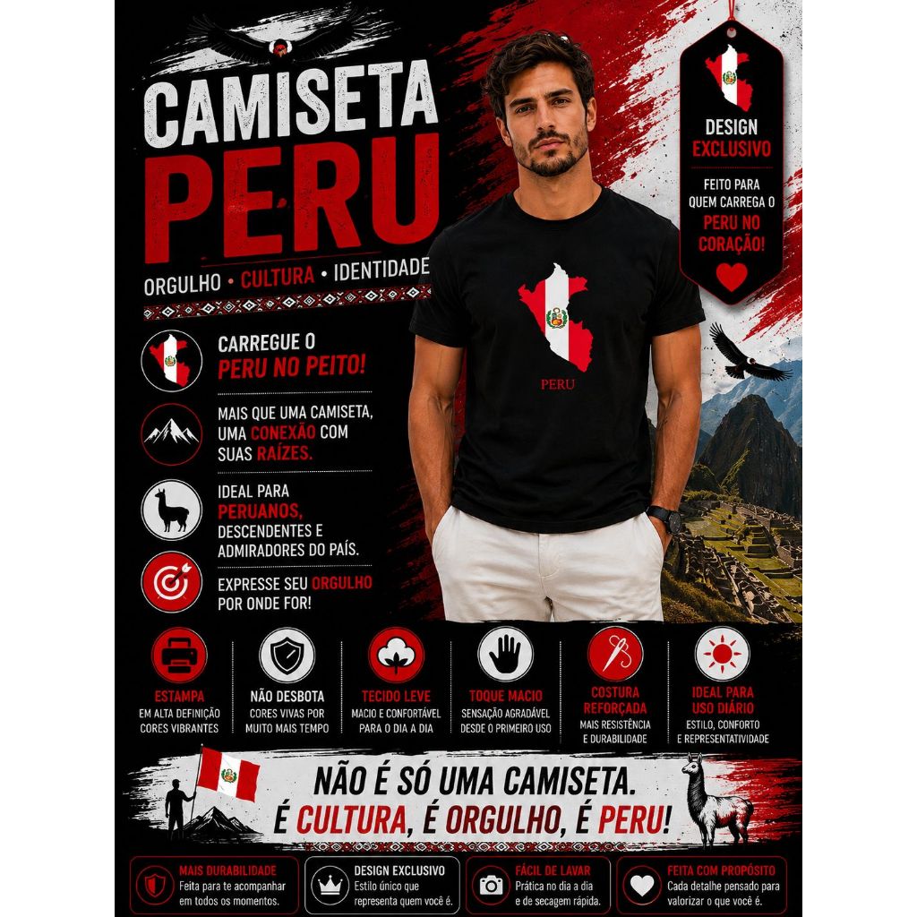Camiseta Peru Bandeira Mapa Peruano Copa Do Mundo
