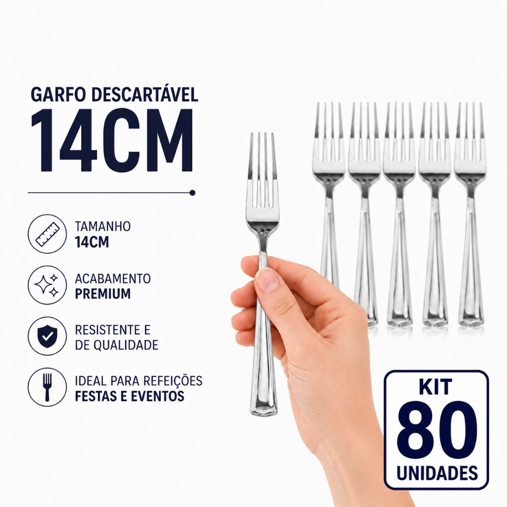 Kit 80 Garfos Sobremesa 14cm Descartáveis de Luxo em Plástico Prata