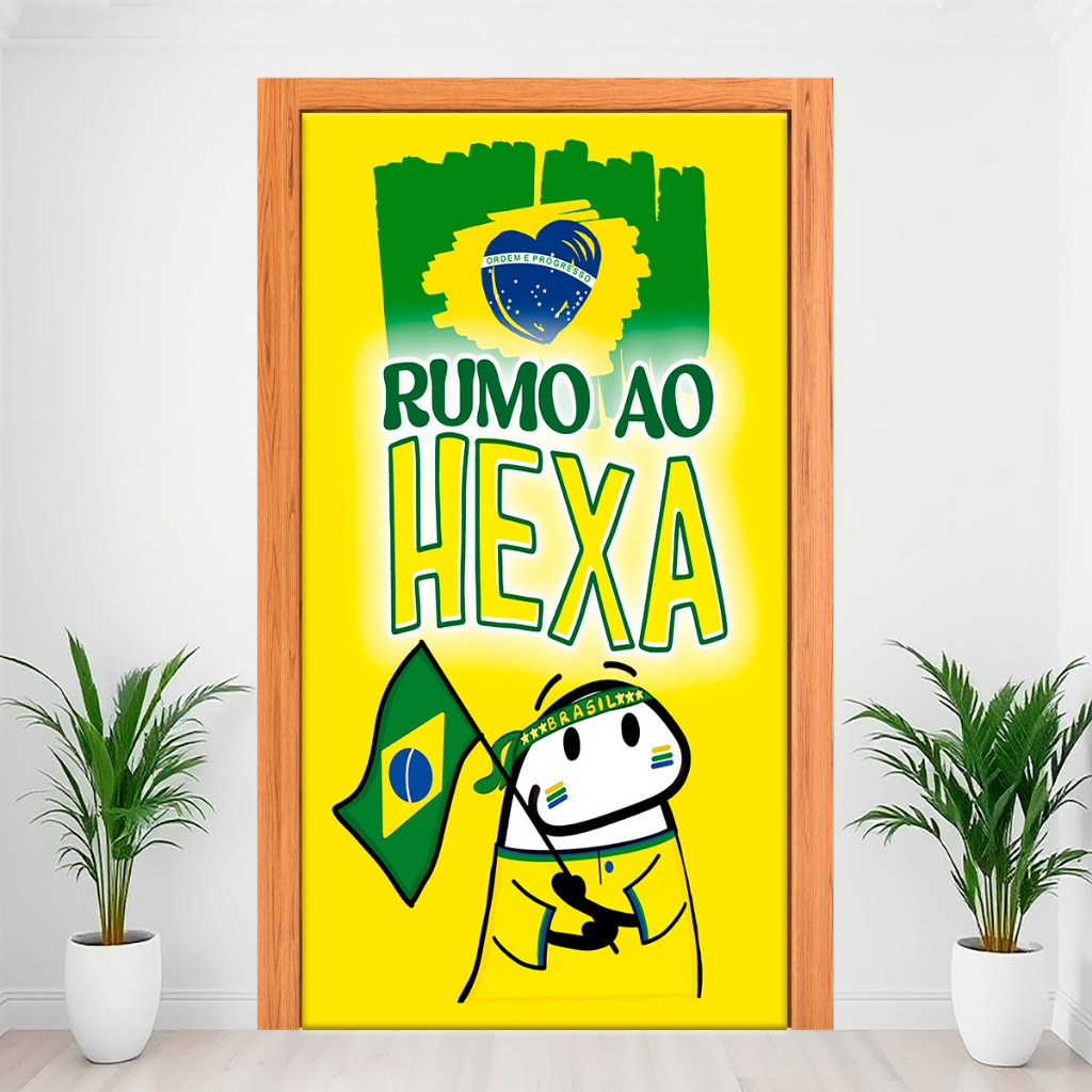 Capa Decorativa De Porta Decoração Com Elástico 2,15m x 0,80Cm Veste Fácil Tema Brasil Copa do Mundo 2026