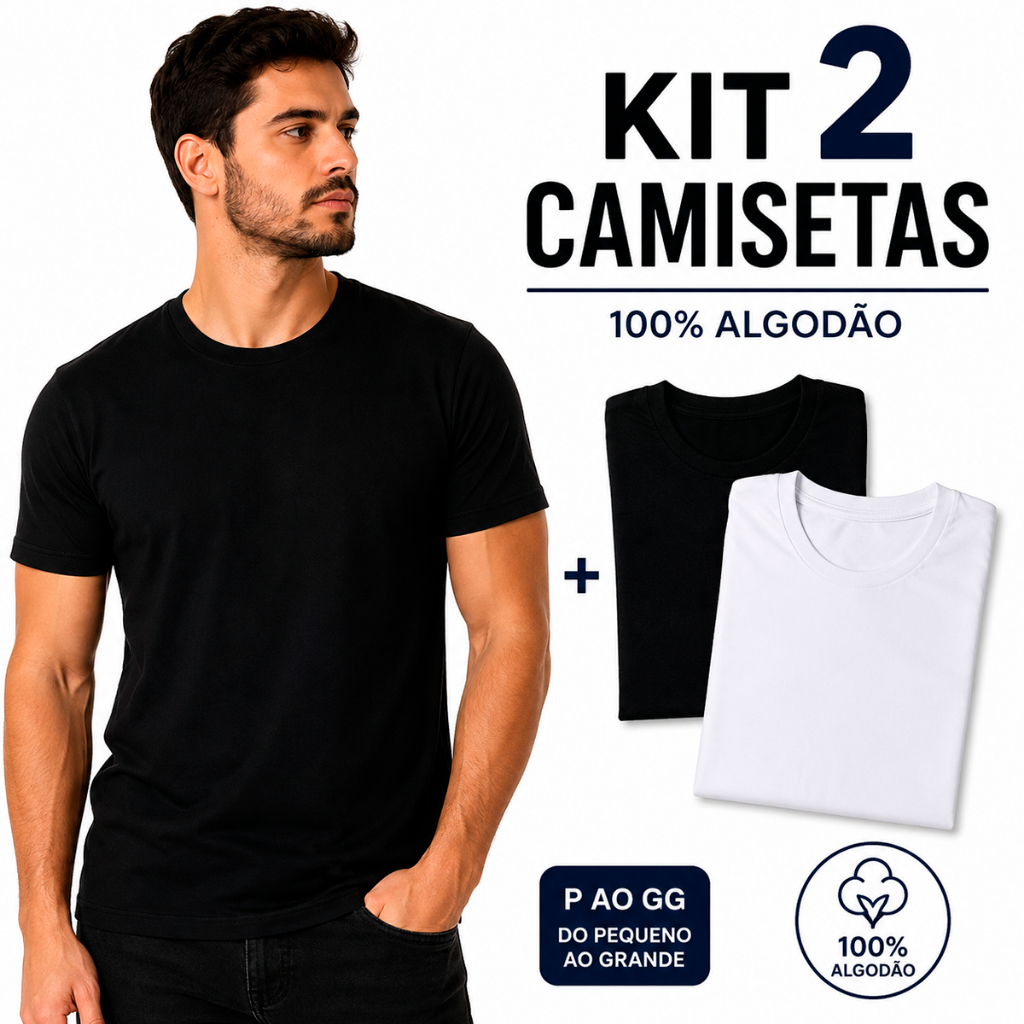 Kit 2 Camisetas Masculinas Básicas 100% Algodão Lisa Premium Preta e Branca