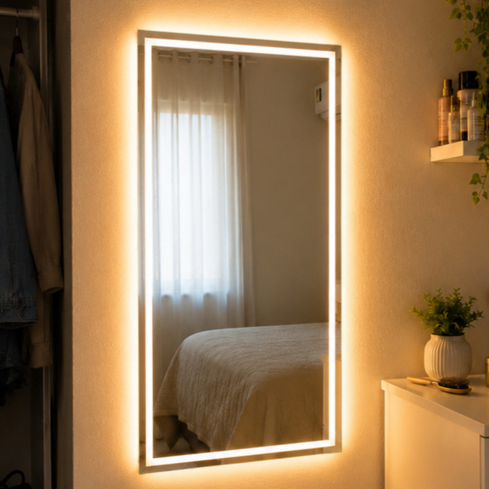 Espelho Retangular 60x40cm Jateado Lapidado com Led de 3 Cores Botão Touch Banhe