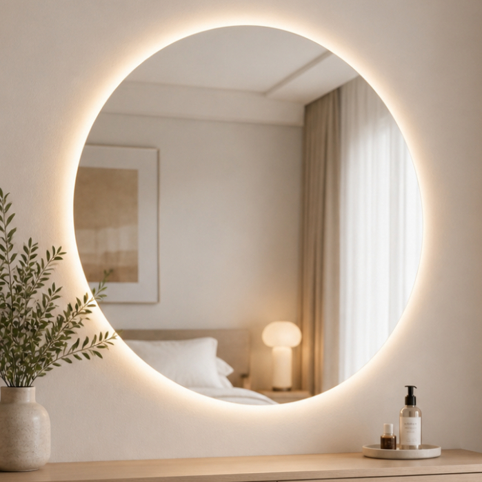Espelho Redondo 50x50cm Lapidado com 3 Cores LED Botão Touch para Banheiro Presente Entrega Rapida
