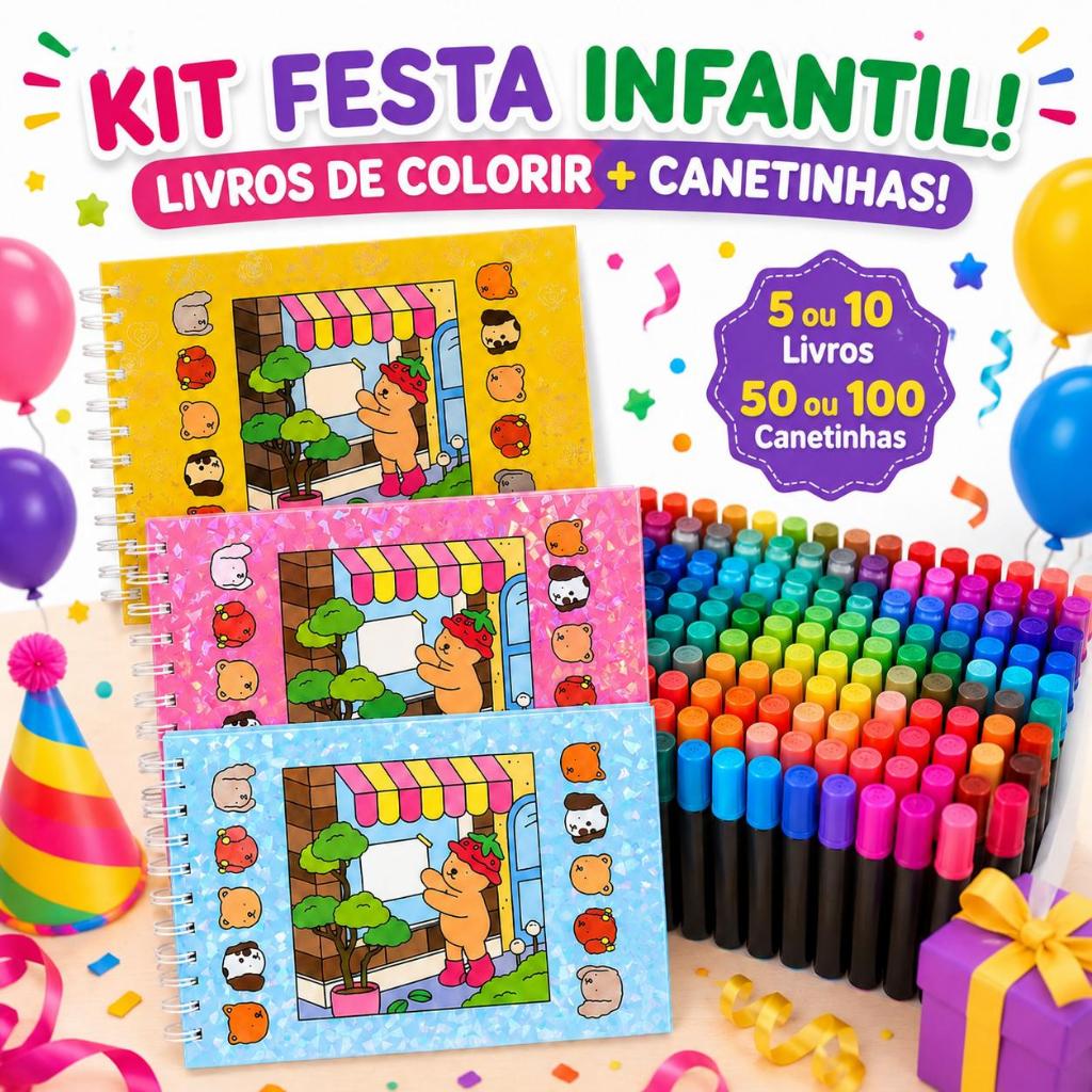 Kit Lembrancinha Festa Inafantil 5/10 Livros de Colorir Capa Dura + 50/100 Canetinhas Touch Pintar Bob Comfy Cozy