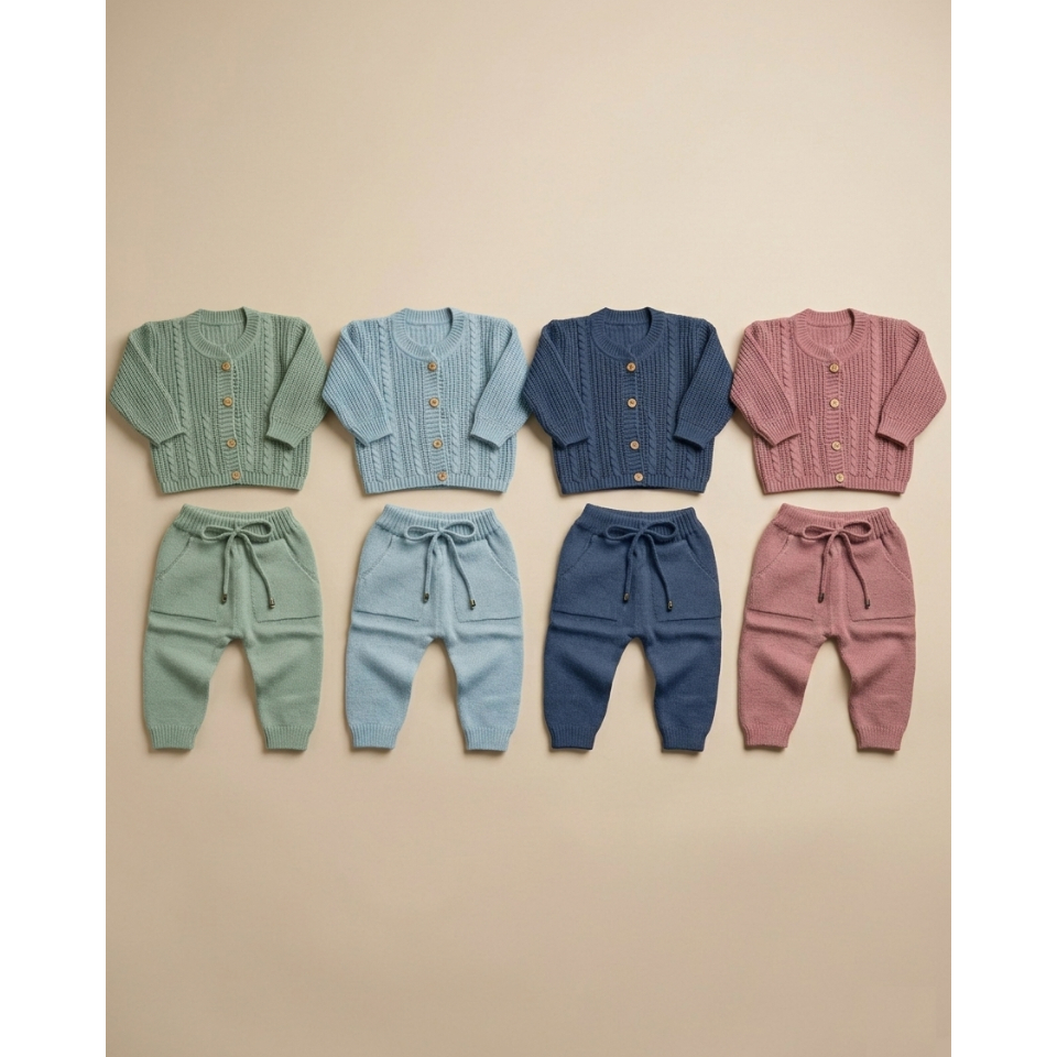 Conjunto Tricot Bebê Casaco Com Botões e Calça Com Cordão