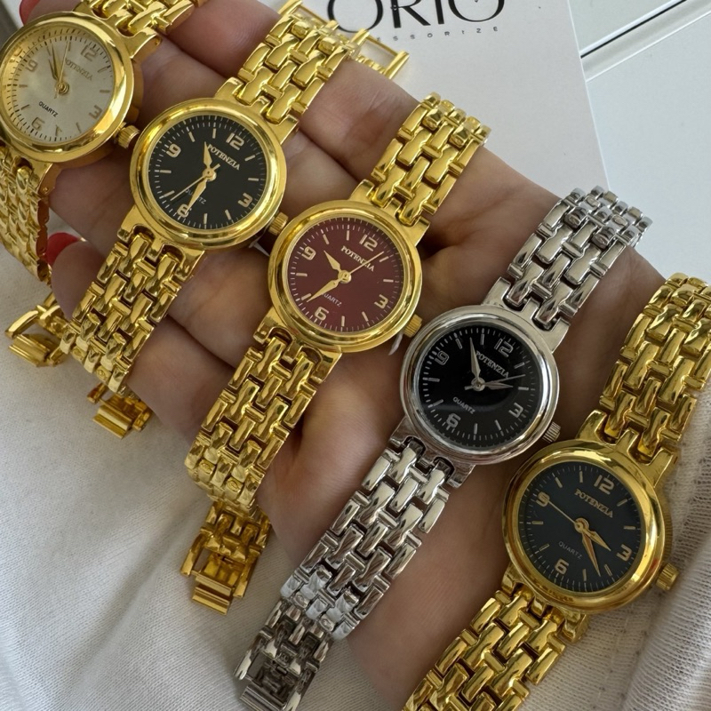 Relógio Feminino Potenzia Cores Oval Vintage Quartz Pulseira Delicada Elegante Dourado e Prata