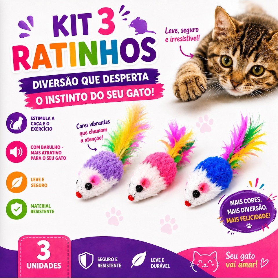 Kit 3 Ratinhos Brinquedos Para Gatos Penas Coloridas Cores Sortidas