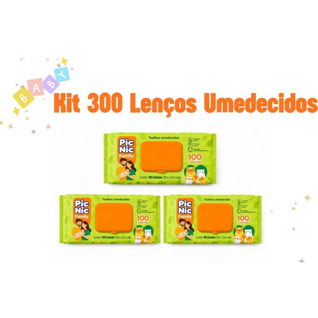 Kit 3 Pacotes Toalhas Umedecidas Pic Nic 300 Folhas Com Tampa  Lenço Umedecido Hipoalérgico