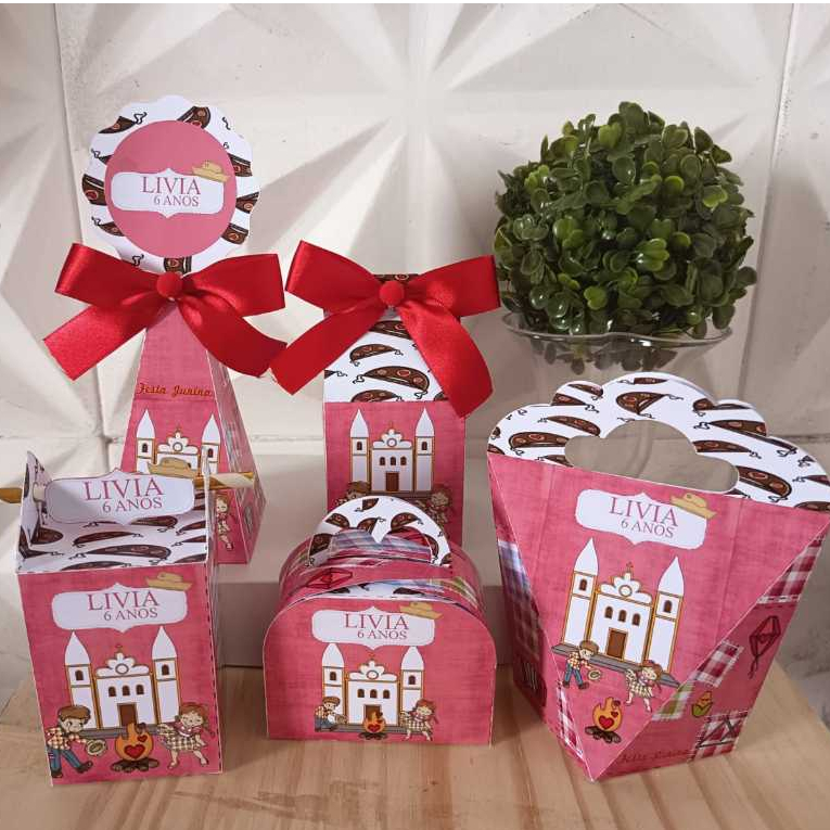Kit Caixas Personalizadas Festa Junina Rosa Menina Arraiá Aniversário Lembrancinha Caipira Capela