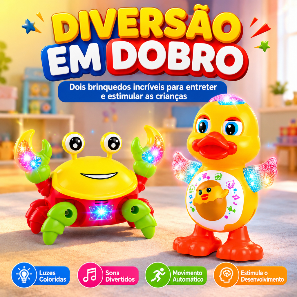 Kit Caranguejo Fujão e Patinho Dançante Brinquedo Infantil Com Luz Som e Movimento
