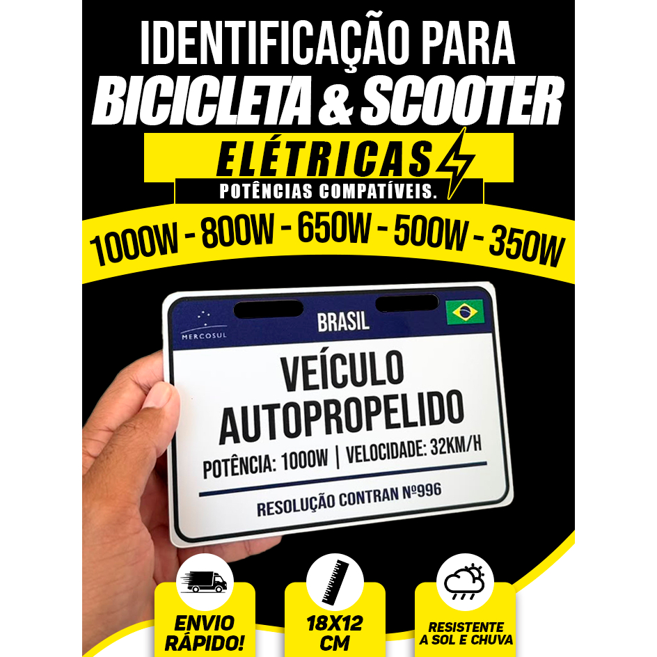 Identificação para Bicicleta e Scooter Elétrica 1000W 800W 650W 500W & 350W - 18x12CM