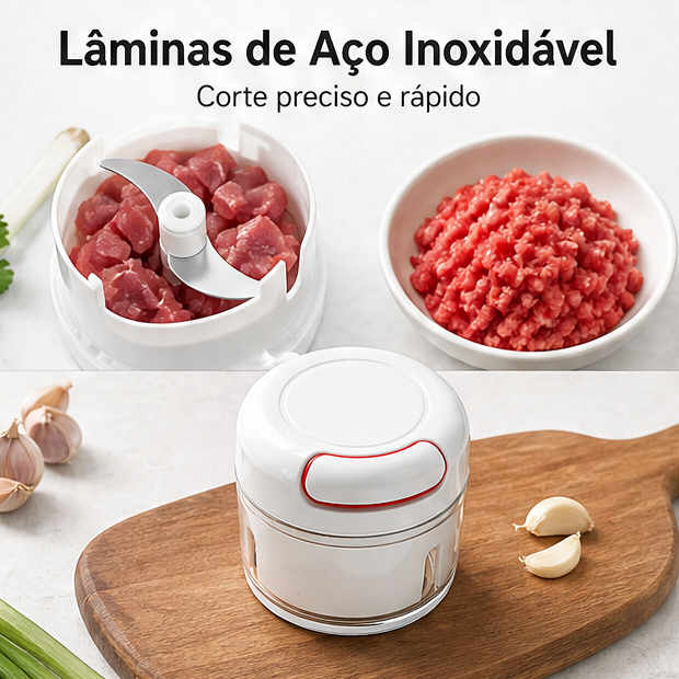 Mini Processador Manual de Alimentos 200ml 2 Lâminas Inox Triturador de Alho Cebola Temperos Legumes Sem Energia