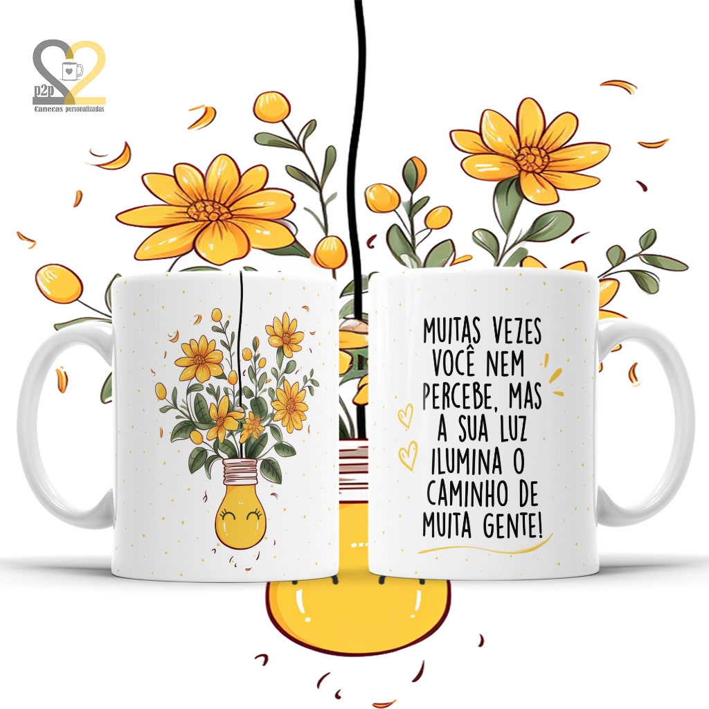Caneca com Nome Personalizado e Frase Sua Luz Ilumina com Caixa Decorada para Presente