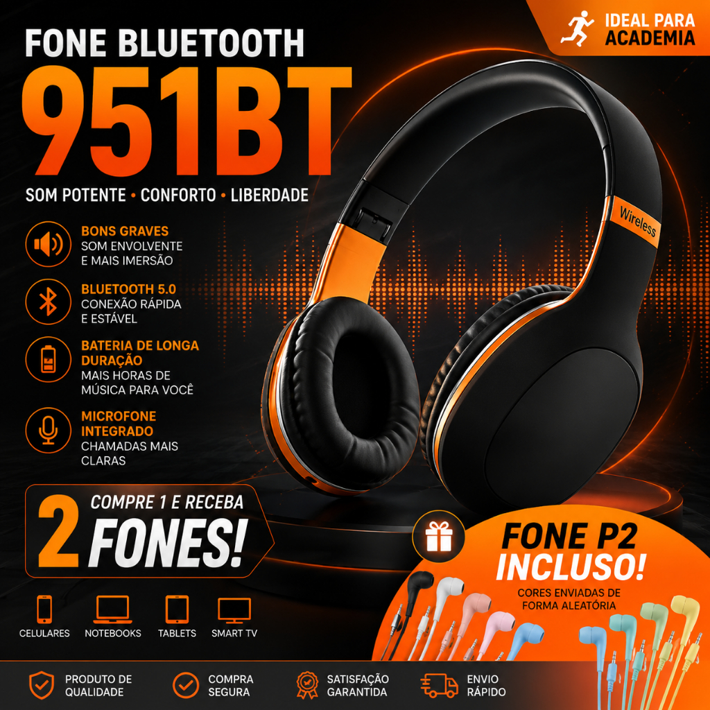 Fone de Ouvido HeadPhone PureBass Bluetooth Wirelles 951BT - COM A LOGOMARCA NA CONCHA Cor -  Preto