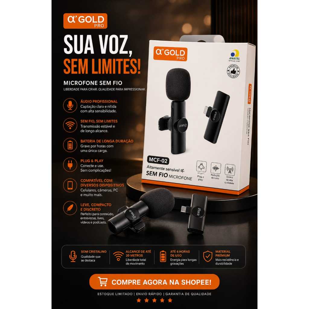 MICROFONE DE LAPELA SEM FIO A´GOLD