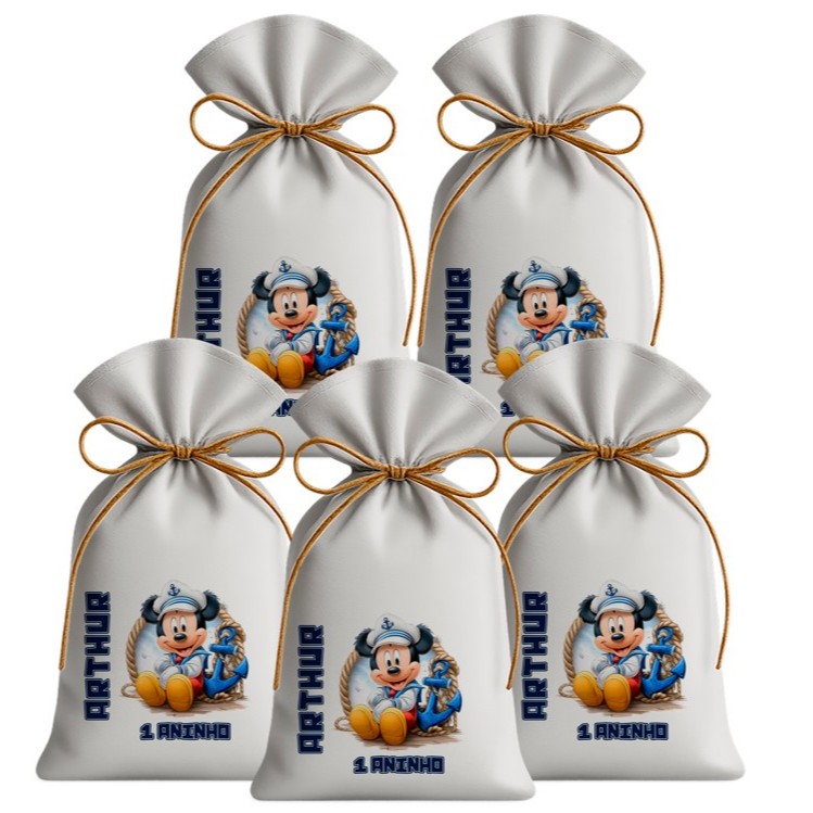 Saquinho Sacolinha Lembrancinha Festa Aniversário Infantil Tecido Personalizado Mickey Marinheiro