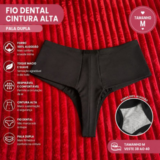 Calcinha Fio Dental Cintura Alta Pala Dupla Conforto Forro 100% Algodão Não Marca na Roupa Tamanho M Veste 38 ao 40