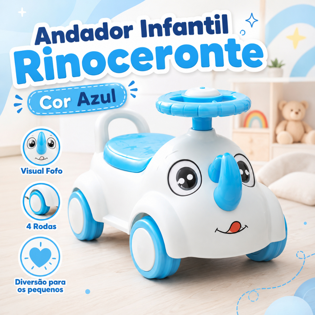 Andador Infantil Rinoceronte Azul Carrinho Passeio Bebê com Empurrador Volante Buzina