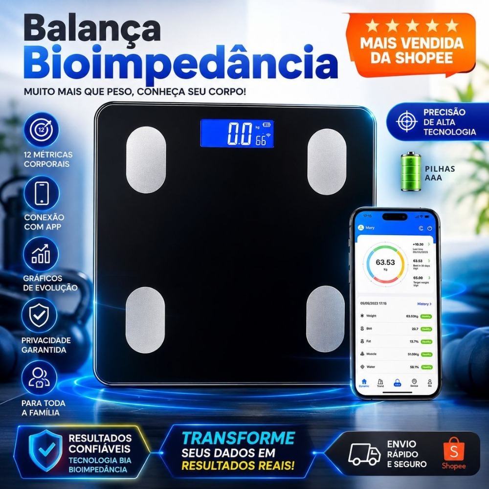 Balança Profissional Biopedancia Peso e Composiçao Corporal App Bluetooth Vidro Temperado