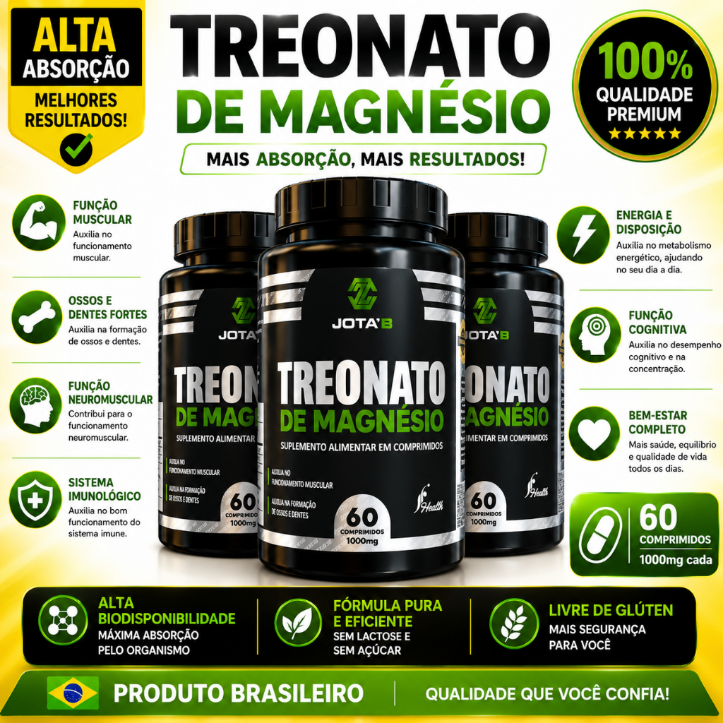 Magnésio L-Treonato Premium 100% Original – Suplemento Alimentar 60 Cápsulas