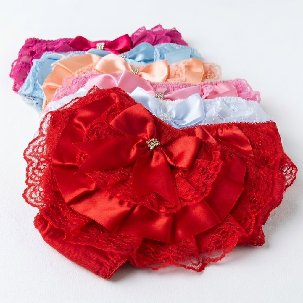 Kit 5 Calcinha Infantil Para Menina Criança E Bebê Kids Bunda Rica Com Babado Renda Com Laço De Fita Capa/Tapa Fralda