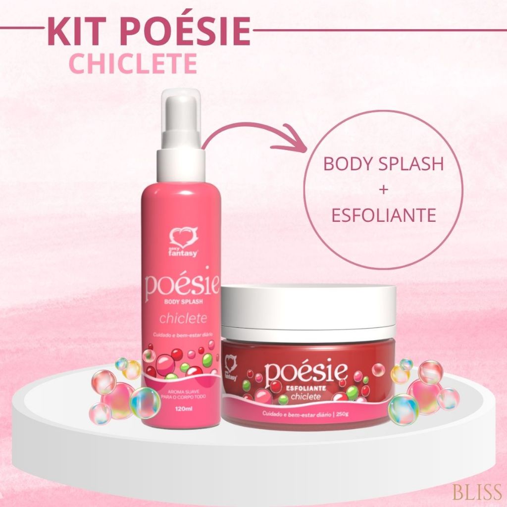 Kit Poésie Chiclete - Body Splash + Esfoliante Corporal - Perfume Aroma Cheiro Hidratação Pele Macia