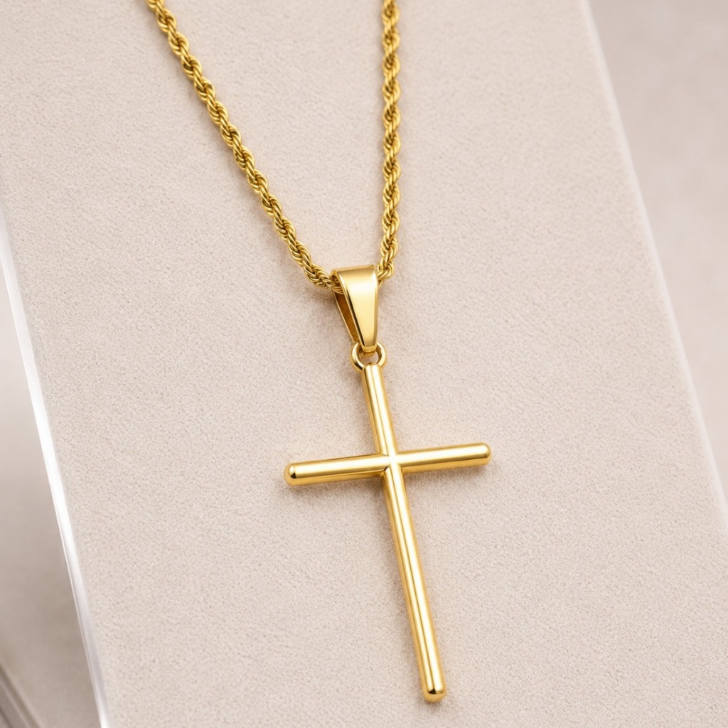 Colar Cruz Masculino/Feminino Aço Inox Banhado a Ouro 18K Corrente Torcida e  Religioso ✨ Estilo Elegante Presente Ideal