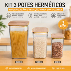 Potes Herméticos Acrilico Kit 3 Peças 670ml 1,3L 2,5L Organizador Alimentos Café Açúcar Macarrão Vedação