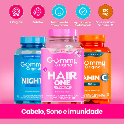 Kit Gummy Night + Hair + Vitamina C 3 Frascos Melatonina Biotina Imunidade