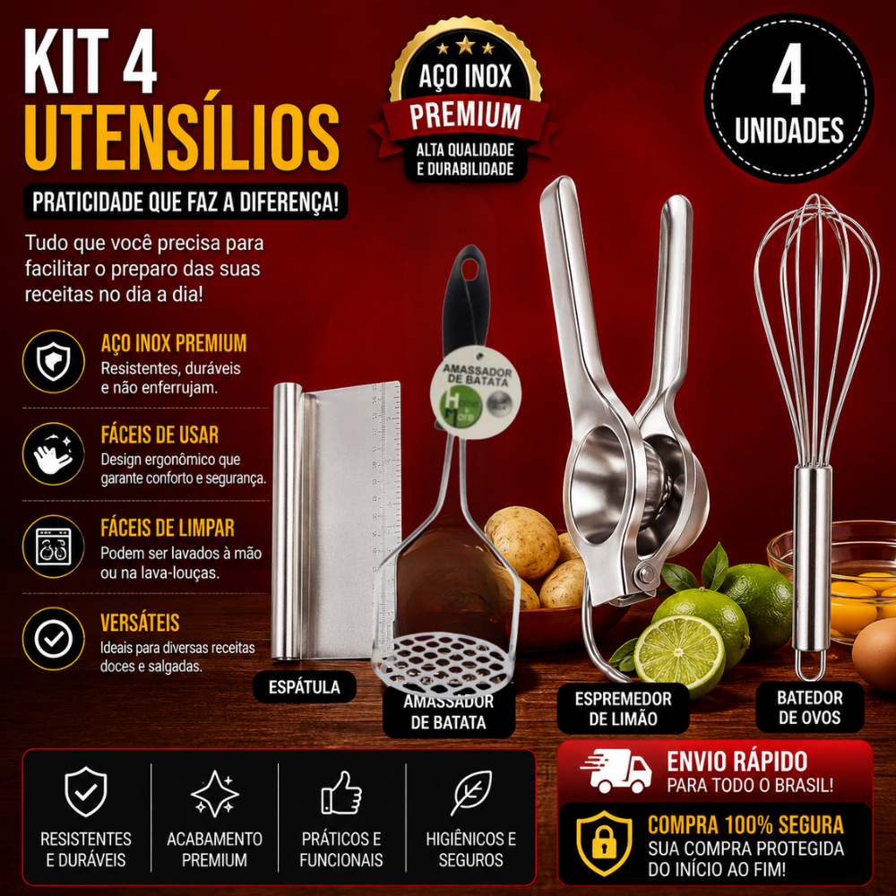 Kit 4 Espátula+ Amassador Batata+ Espremedor Limão + Batedor Ovos Conj 2 Espátula+ Batedor Ovos
