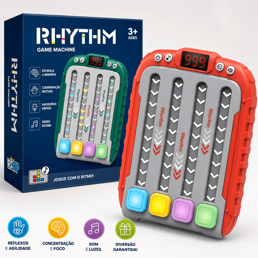 jogo ritmo, brinquedo musical, jogo eletrônico, luzes led, coordenação motora, memória, reflexos, infantil, presente