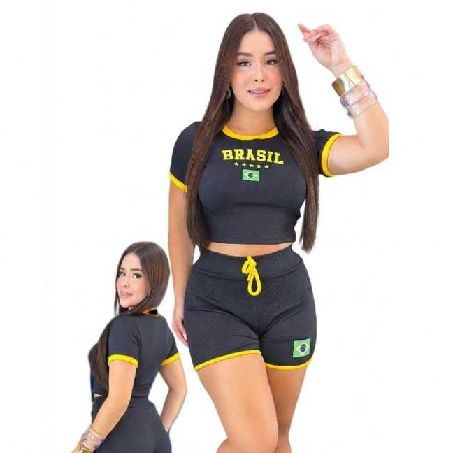 Conjunto Feminino Croped + Shortinho Malha Crepe Brasil Copa do mundo 2026