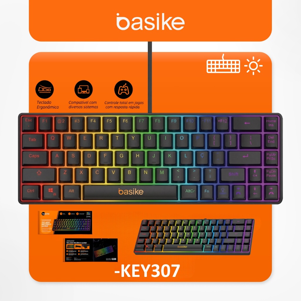 BASIKE Teclado Gamer 69 Teclas RGB KEY307 Teclado de Jogo Ergonômico Anti-Respingo
