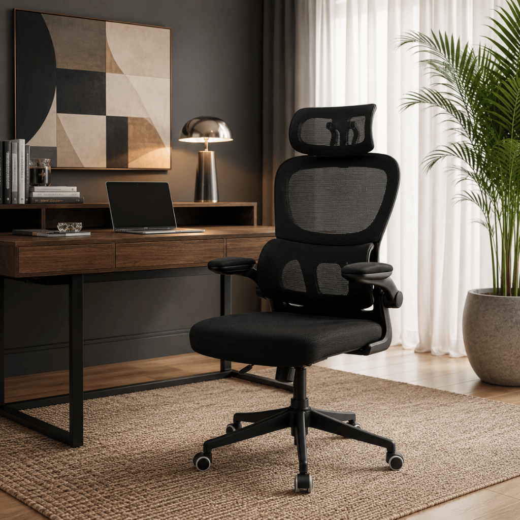 Cadeira De Escritório Executiva Preta Reclinável Ergonômica com Apoio de Lombar Mesh 150Kg