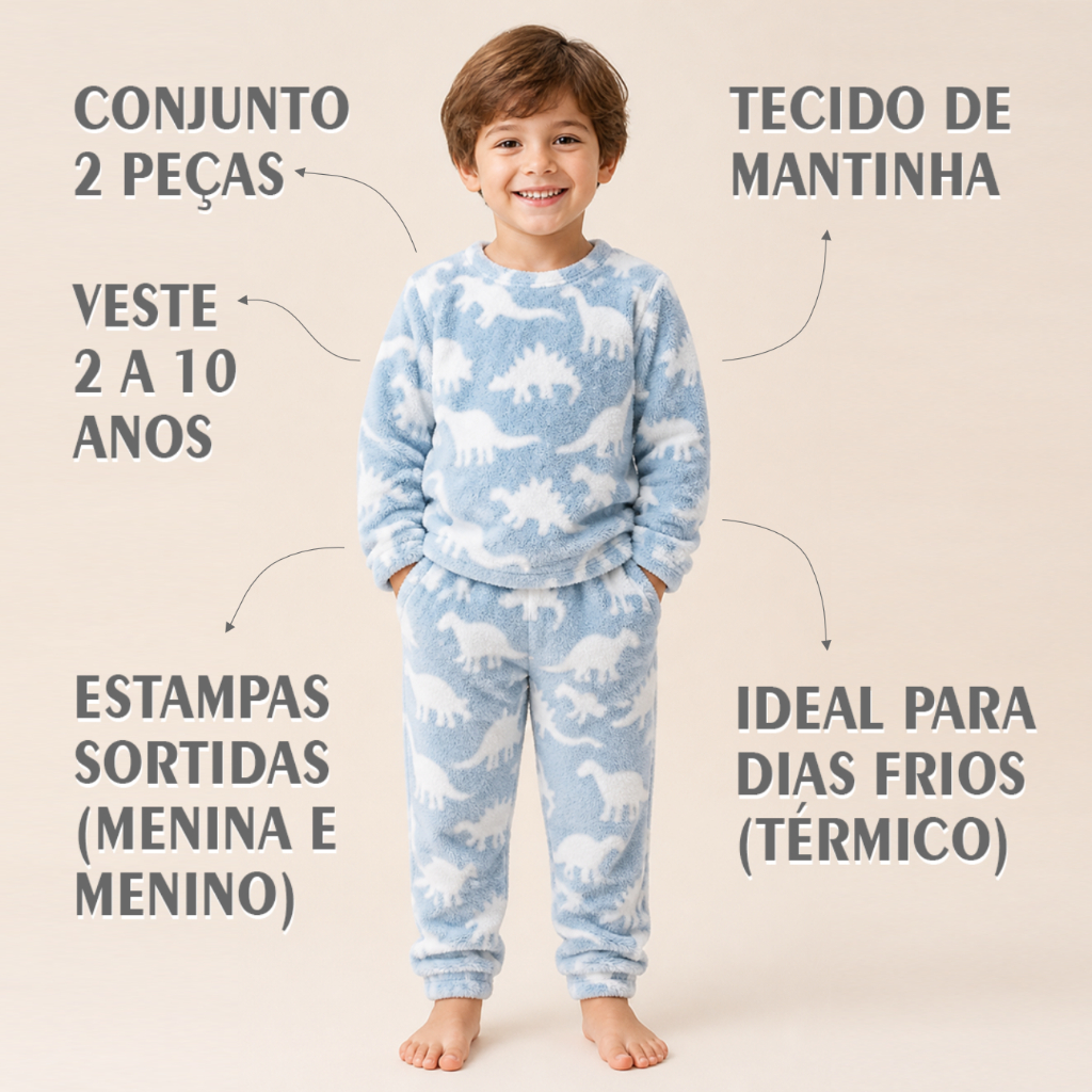 Pijama Inverno Infantil Fleece Térmico Mantinha Quentinho Menina Menino Estampas Sortidas