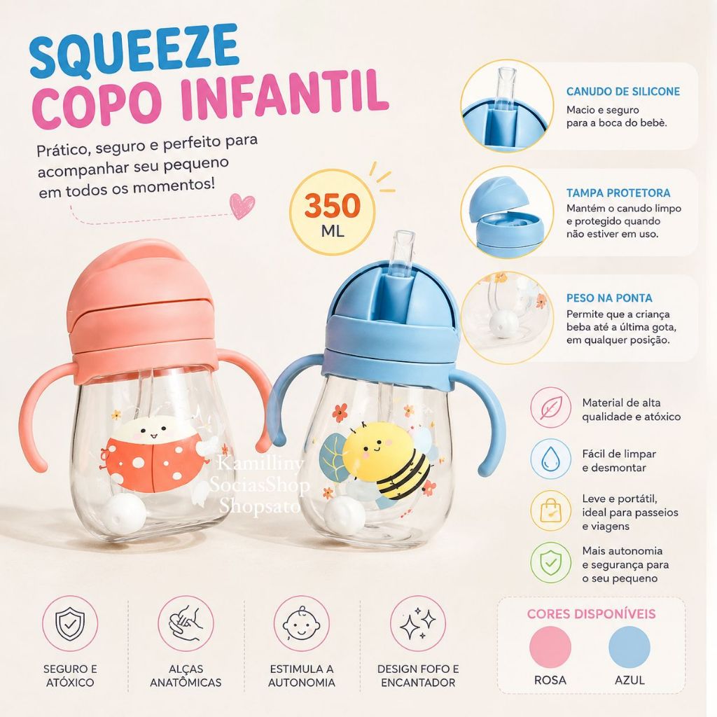 Kit 2 Copo Squeeze Infantil com Alça e canudo de Silicone Bico Anti vazamento 350ml
