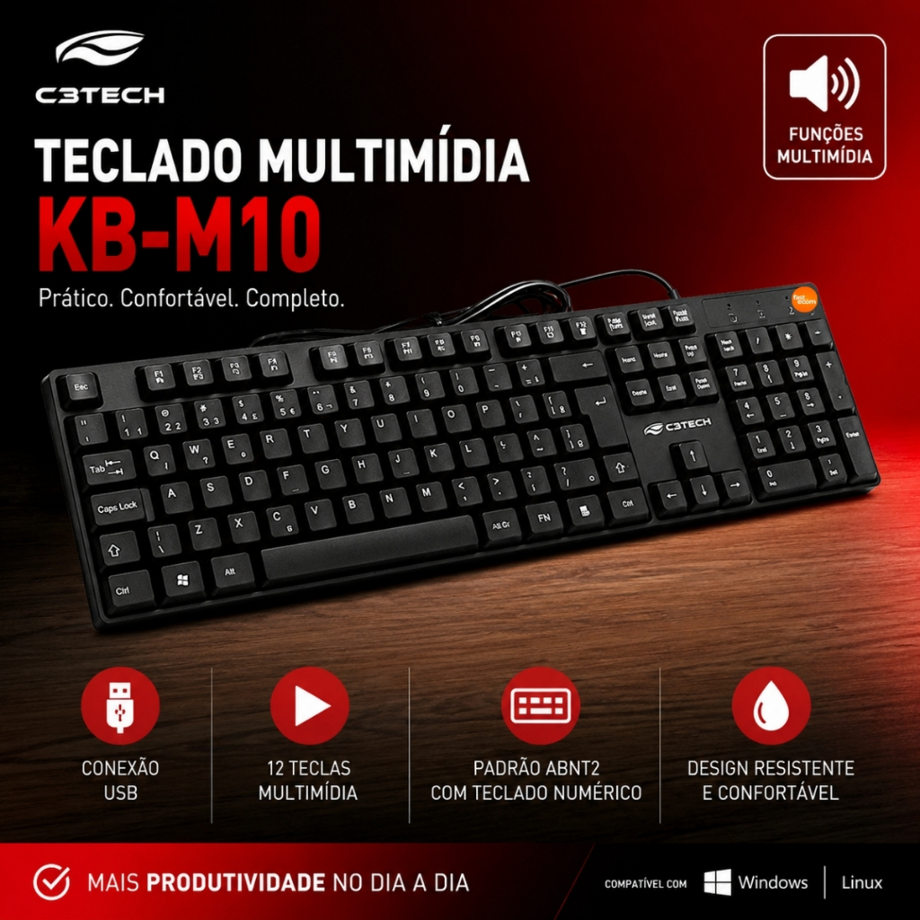 Teclado com Fio USB para Computador Notebook Teclado Numérico Multimidia ABNT2 Completo Home Office