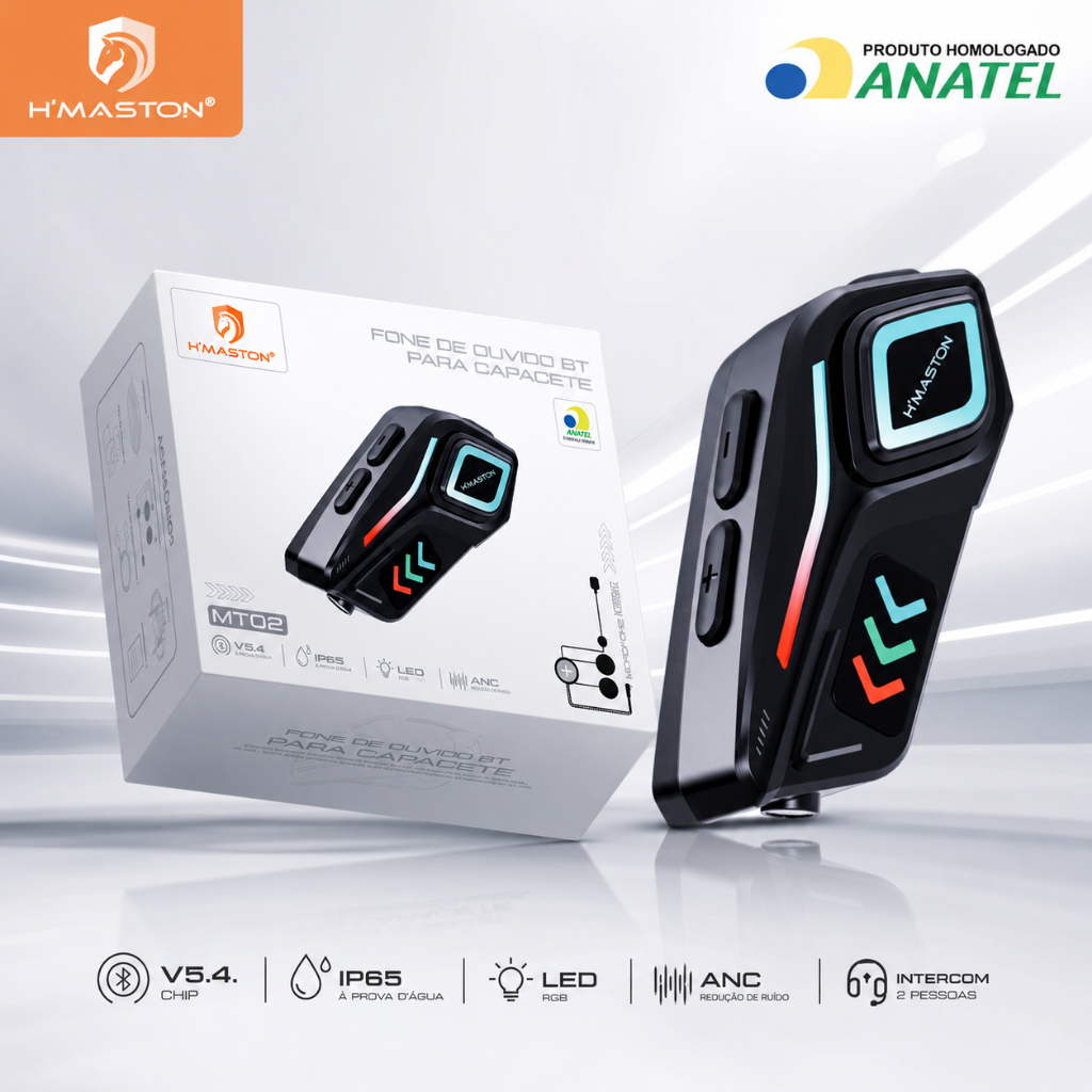 Fone Capacete Bluetooth H'Maston MT02 Intercomunicador Moto V5.4 IP65 ANC