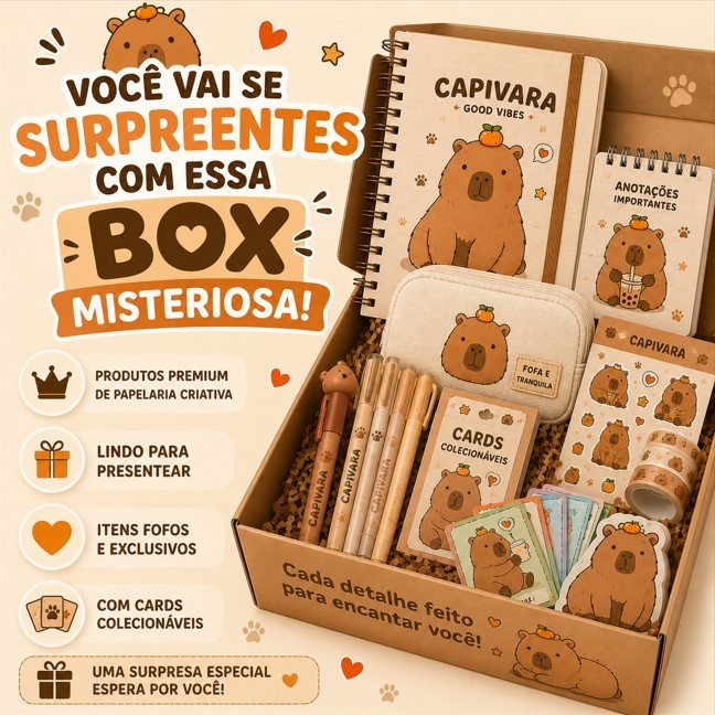 kit Box Surpresa Itens de Papelaria Capivara Kawaii Papelaria Criativa - Preciosas