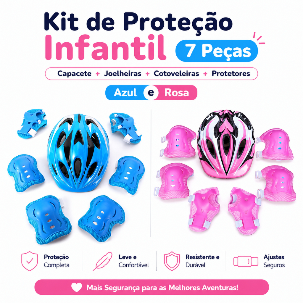 Kit Proteção Infantil 7 Peças Capacete Joelheira Cotoveleira Luvas Bike Patins Patinete Skate
