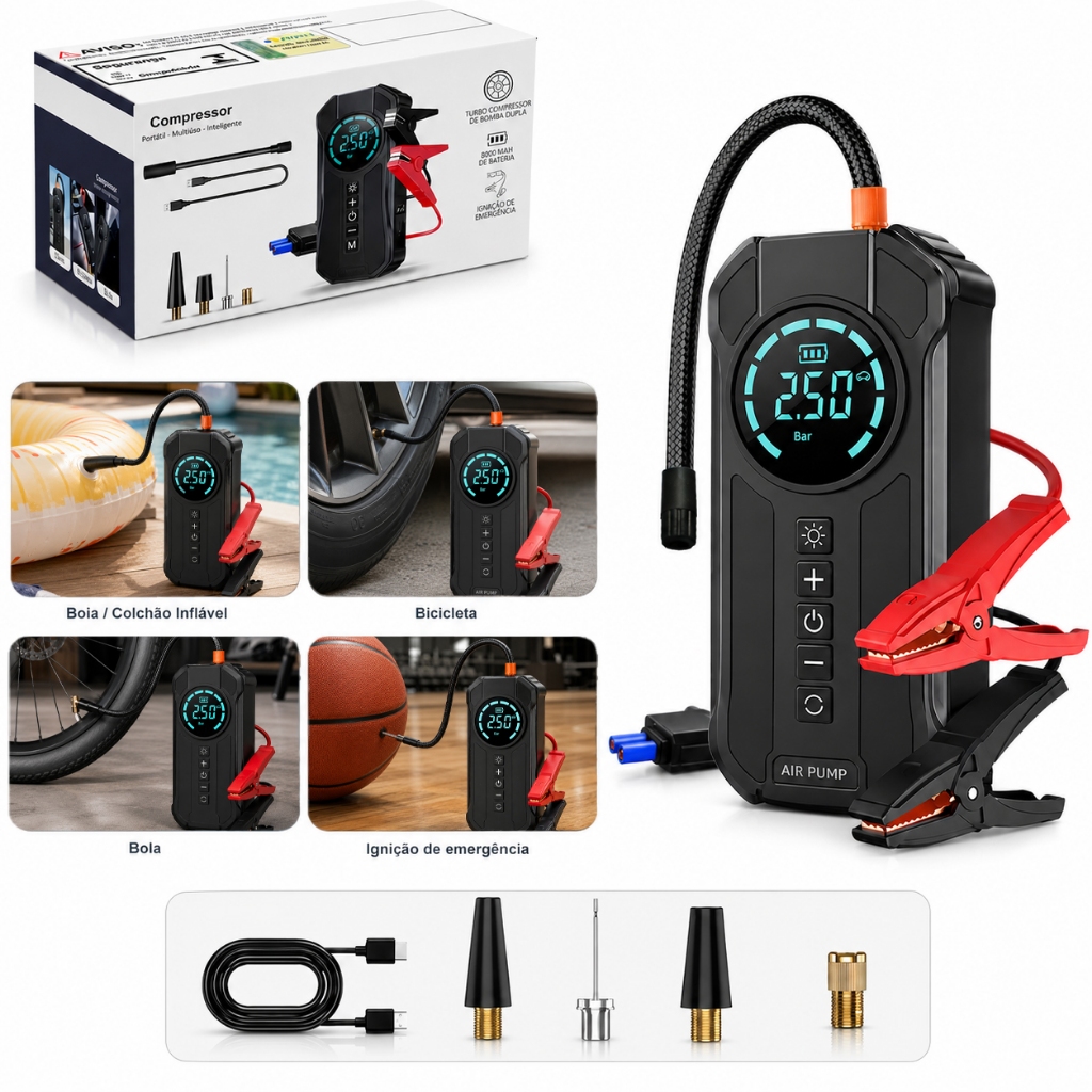 Compressor de Ar Portátil 7 em 1 com Power Bank 8000mAh Bomba Inflador 12V Calibrador Digital para Carro Moto Bike VITOR