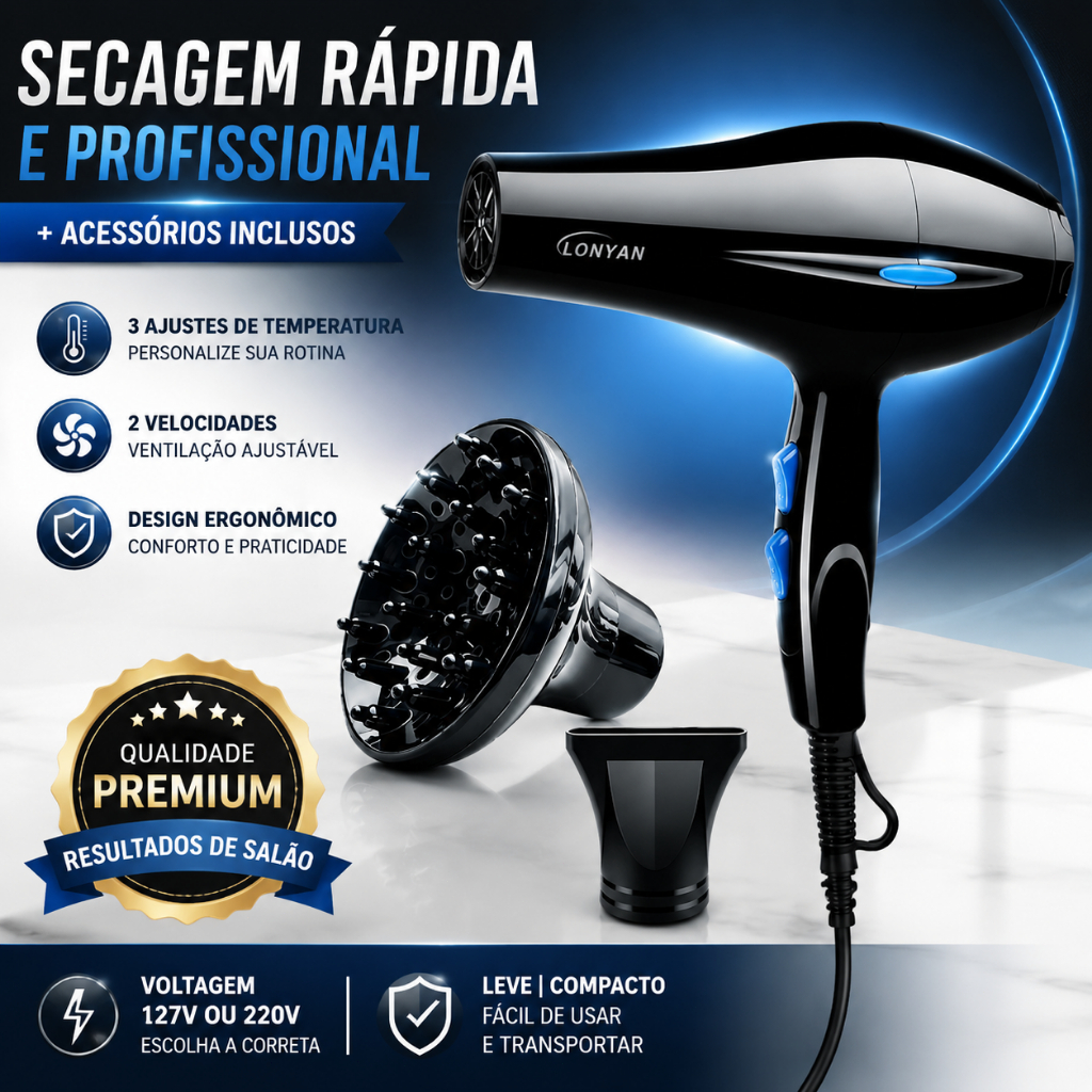 Secador Profissional com Difusor 127V ou 220V 5 Temperaturas Turbo Íons Negativos Secagem Rápida Anti-Frizz LONYAN 8020