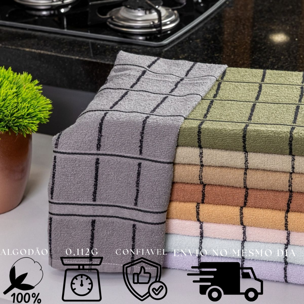 Kit Pano de Prato Atoalhado Copa Premium p/ Cozinha 40x65cm 100% Algodão Felpudo