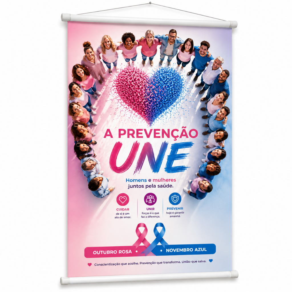 Banner Outubro Rosa Novembro Azul Conscientização produzido em lona. Cartaz para Eventos Hospitais Empresas Pub1114